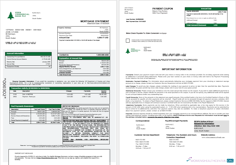 Download South Sudan Eden Commercial bank mortgage statement in Word and PDF formats 1 2 Photoshop template